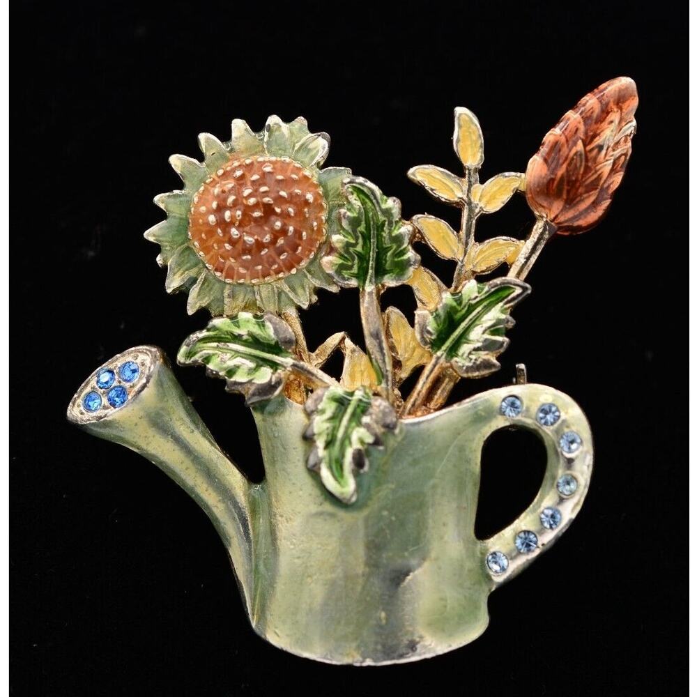 KC Vintage Flower Watering Can Pin Brooch Spring Garden Enamel Signed 90s Bin5A